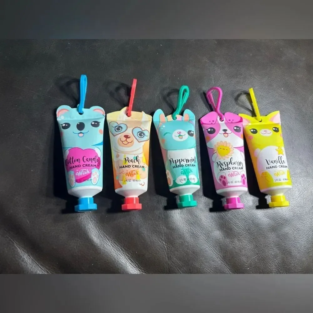 5 New Wish Scented Hand Cream Set NWT Peach Cotton Candy Peppermint Vanilla Rasp